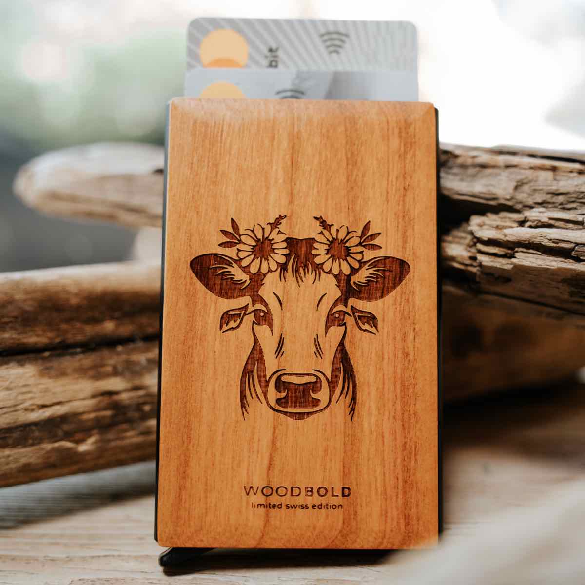 Cardholder Slide – Cherry Wood – Swiss Cow