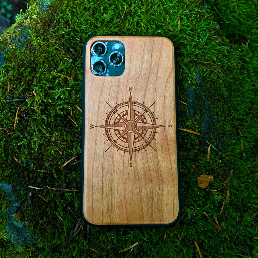 Cherry wood phone case for iPhone 12 Mini with compass